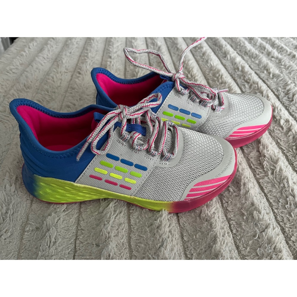 Athletic Works Multi-Color Mesh Lace Up Sneakers Grey Neon Pink Blue Size 3